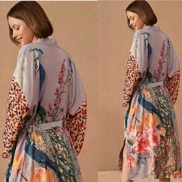 New Bohemian Floral Peacock Kimono Duster Jacket Robe Swim Cover Up - Picture 3 of 5